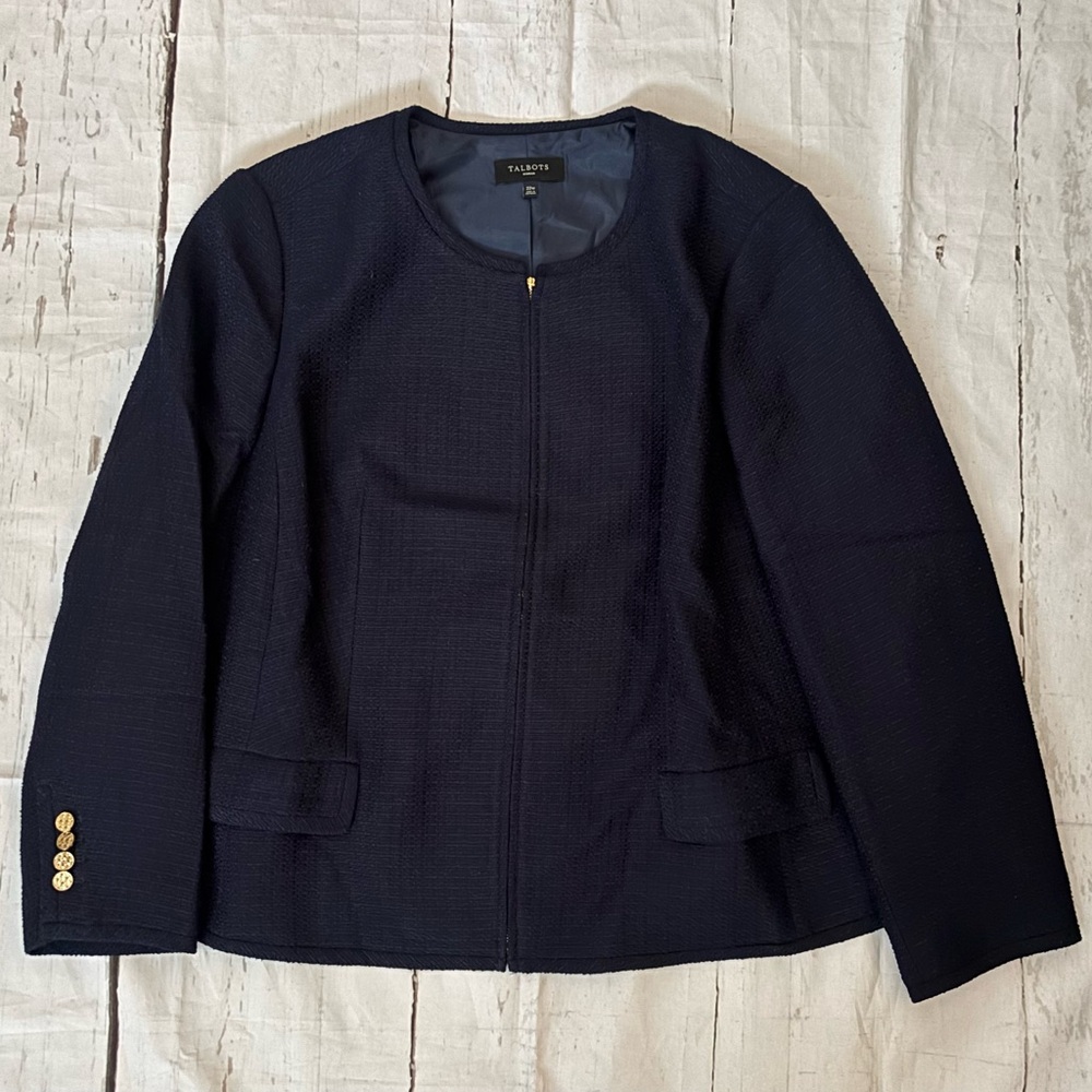 Talbots Navy Blue Tweed Full Zip Blazer Jacket 22W